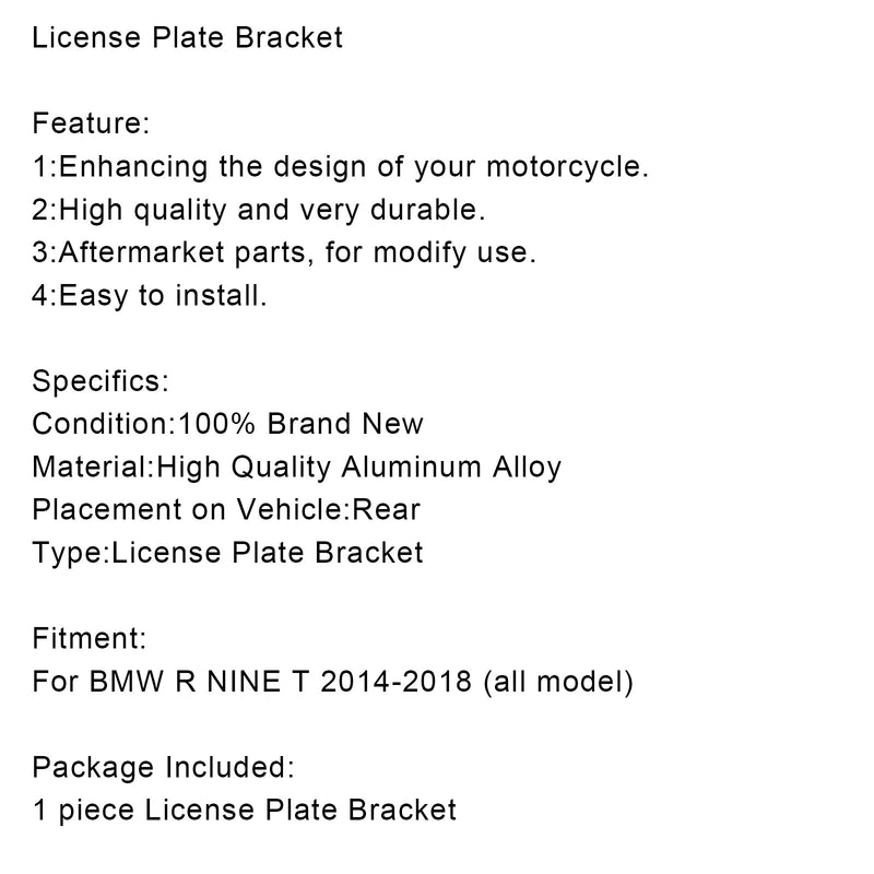 Soporte de marco para matrícula de motocicleta para BMW R NINE T 2014-2018 (todos los modelos) genérico