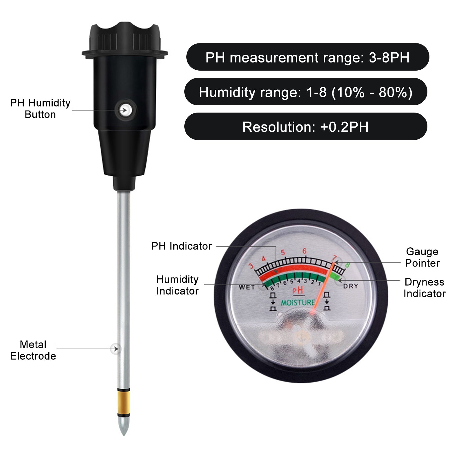 Handheld Soil PH Tester PH & Moisture Meter With 295mm Long Metal Probe