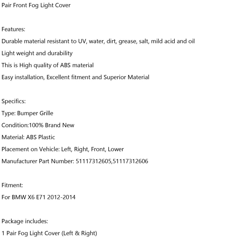 2x المصد الأمامي مغلق شبكة شبكة مصابيح الضباب اليسار واليمين تناسب BMW X6 2012-2014 Generic