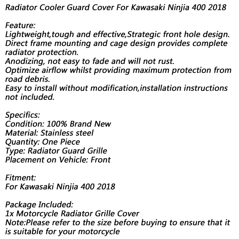 غطاء حماية لشبكة تبريد المبرد لـ Kawasaki Ninjia 400 2018 Generic