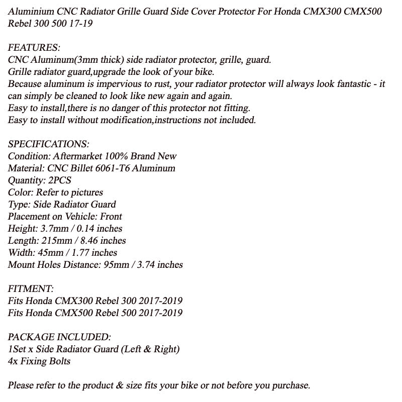 CNC ALU Gold Radiador Guard Side Cover para Honda CMX300 CMX500 Rebel 2017-2019 Genérico 