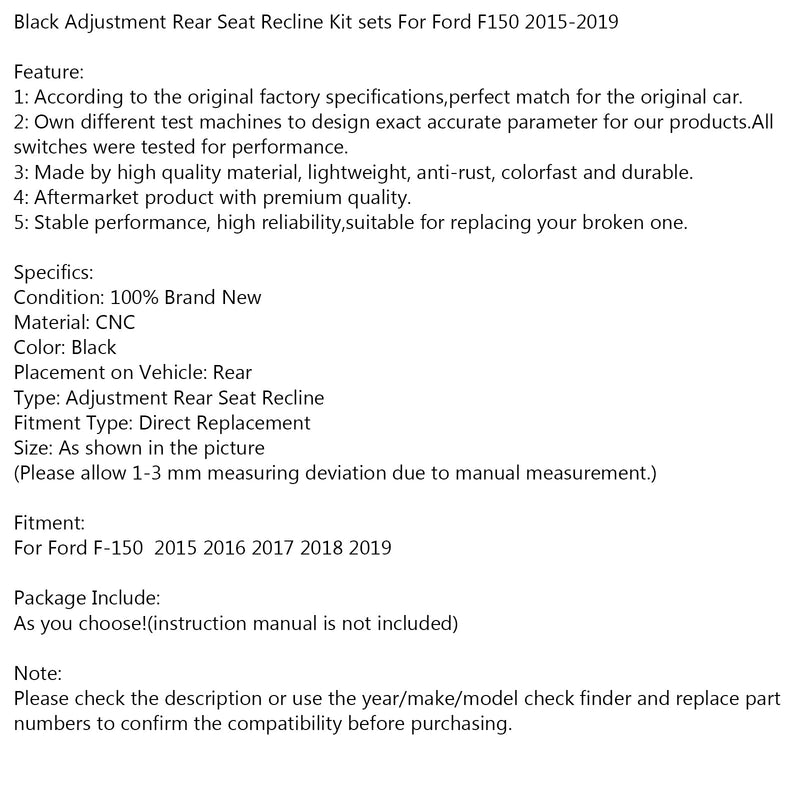 Juego de reclinación de asiento trasero de ajuste negro para Ford F150 2015-2023 genérico