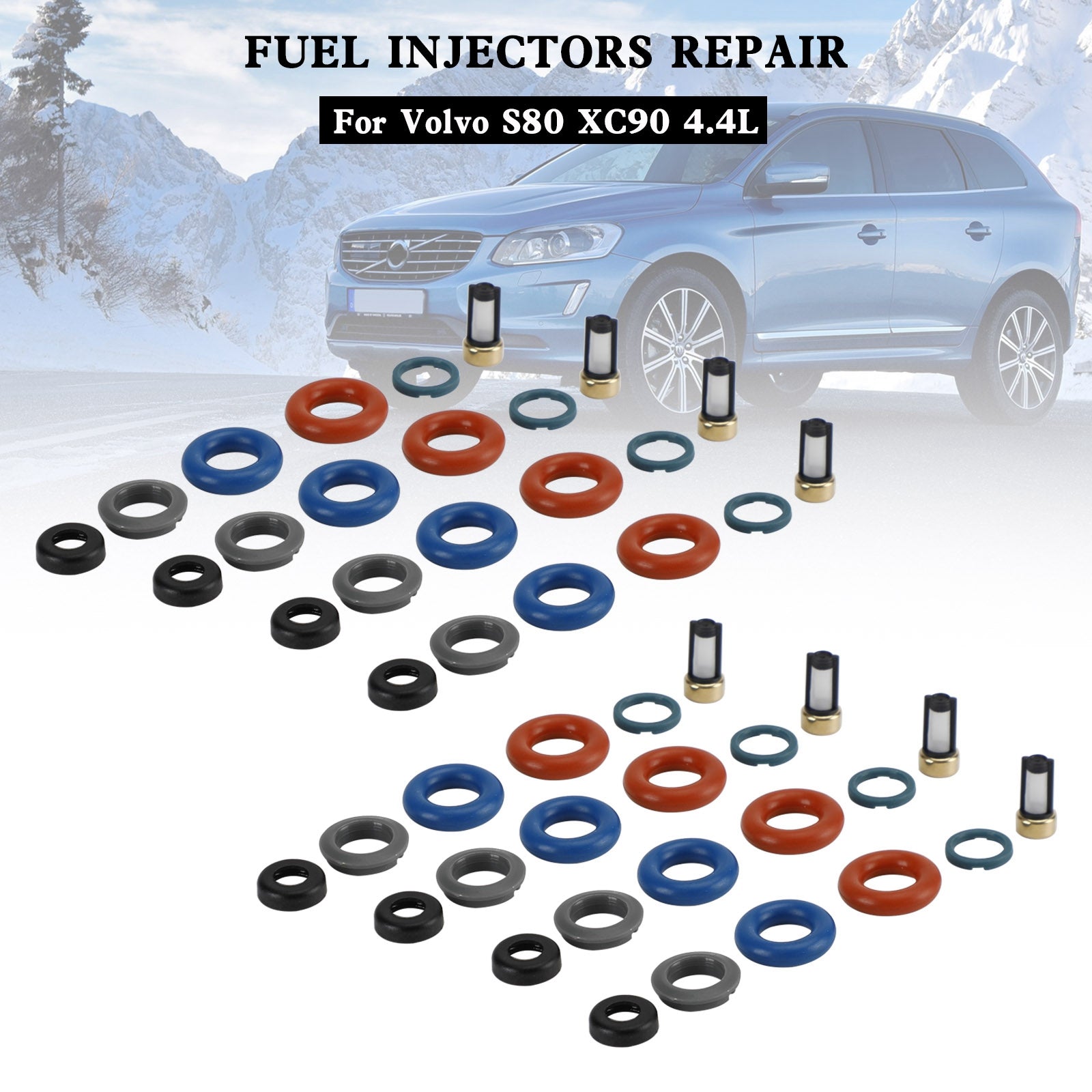 Volvo S80 XC90 4.4L 8PCS Fuel Injectors Repair Seal Kit Filter Cap FJ1073 85212247 1550589 86536080 024078918 55559397 1581552