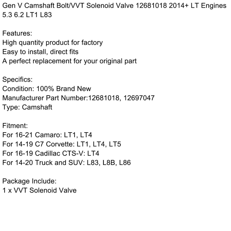 2016-2019 Cadillac CTS-V: LT4 Gen V Perno del árbol de levas/válvula solenoide VVT ​​12681018