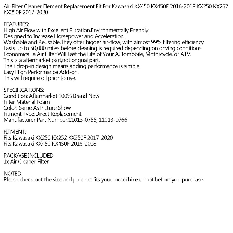 Foam Air Cleaner Filter for Kawasaki KX250F KX450F 16-20