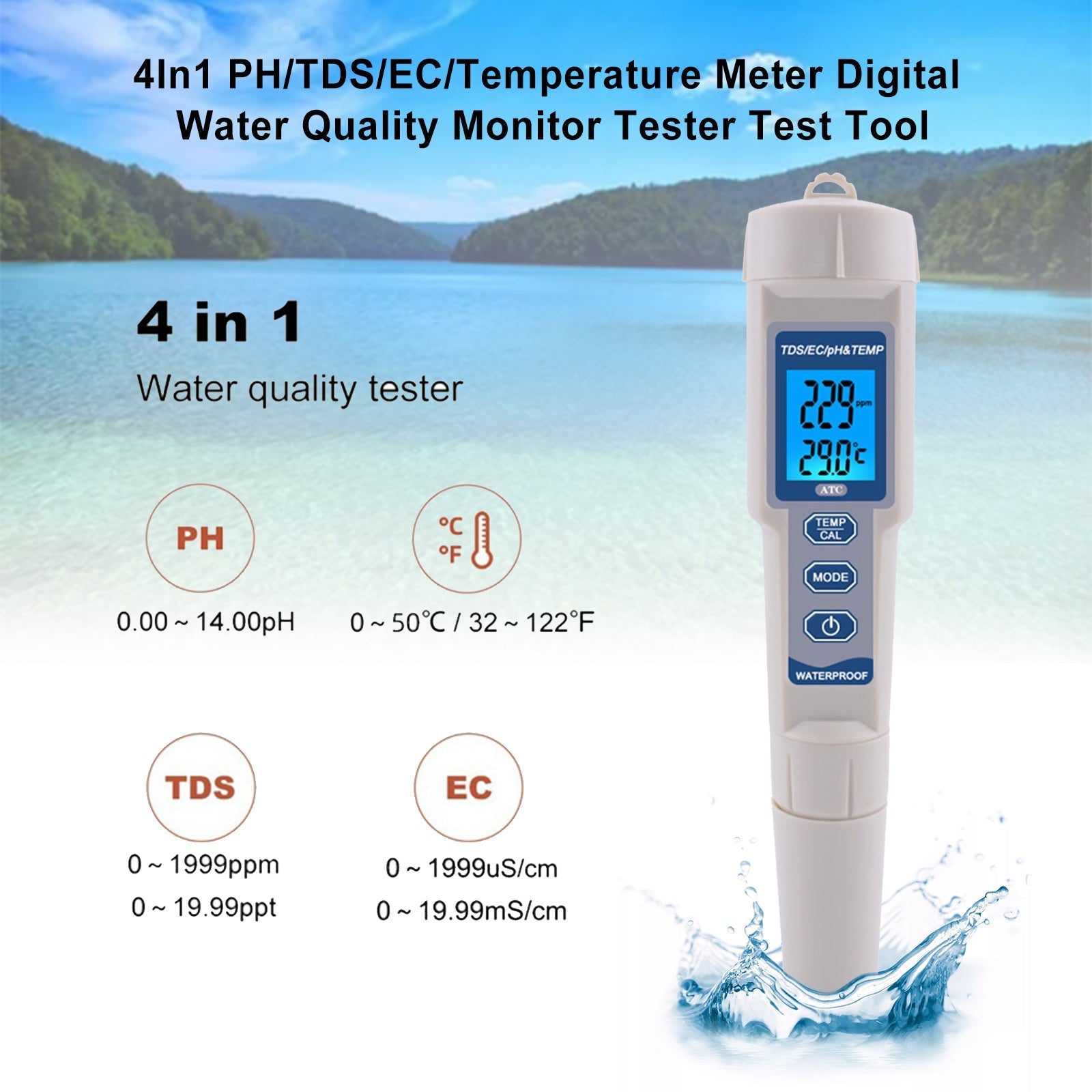 4In1 PH/TDS/EC/Temperature Meter Digital Water Quality Monitor Tester Test Tool