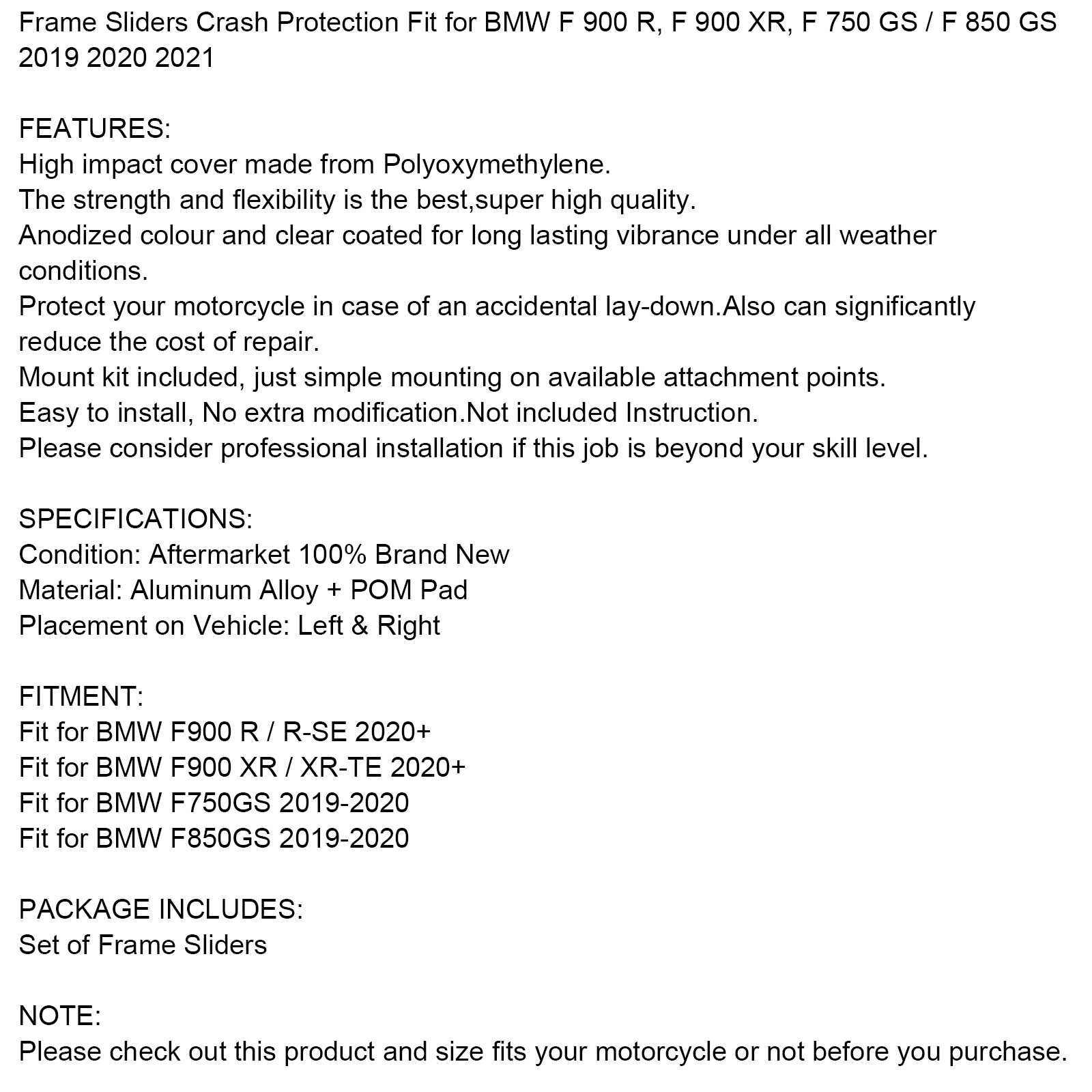 Anti-Crash Frame Sliders Protector Fit for BMW F900 R/XR 2020 F 750/850 GS 19-20 Generic