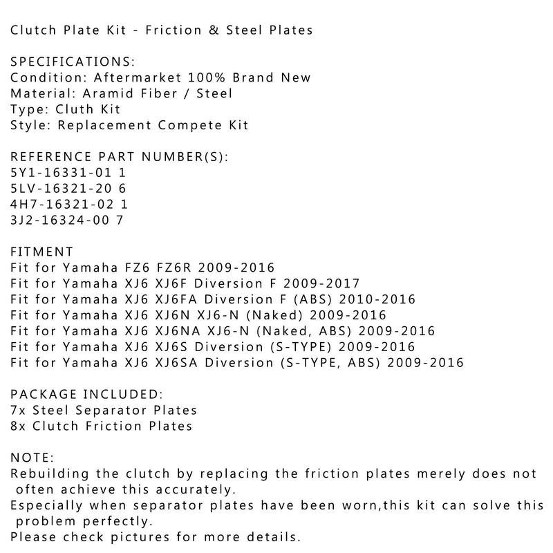 Clutch Kit Steel & Friction Plates fit for Yamaha FZ6 FZ6R XJ6 XJ6F XJ6FA XJ6N/S Generic