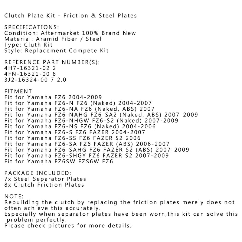 Clutch Kit Steel & Friction Plates fit for Yamaha FZ6 FZ6-N FZ6-NA FZ6-S FZ6-SS Generic