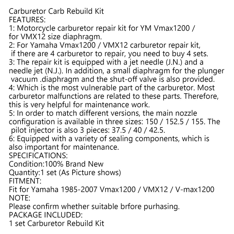 Kit de reparación de reconstrucción de carburador principal Jet Sub para Yamaha VMAX V-Max 1200 VMX12 genérico