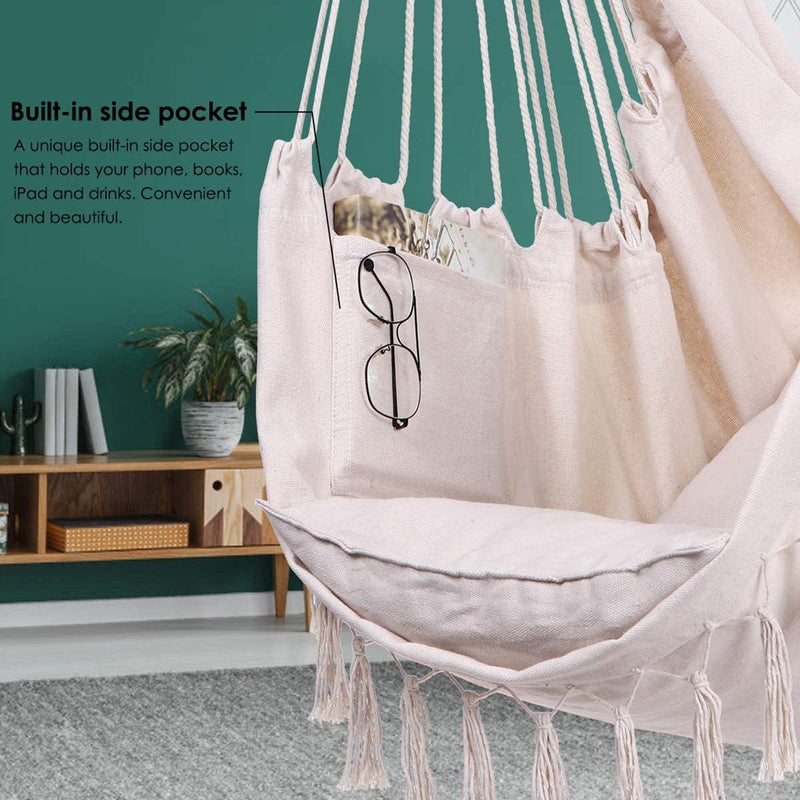 Indoor/Outdoor Hammock Chair Hanging Rope Swing With Cushions 150KG Load Bearing