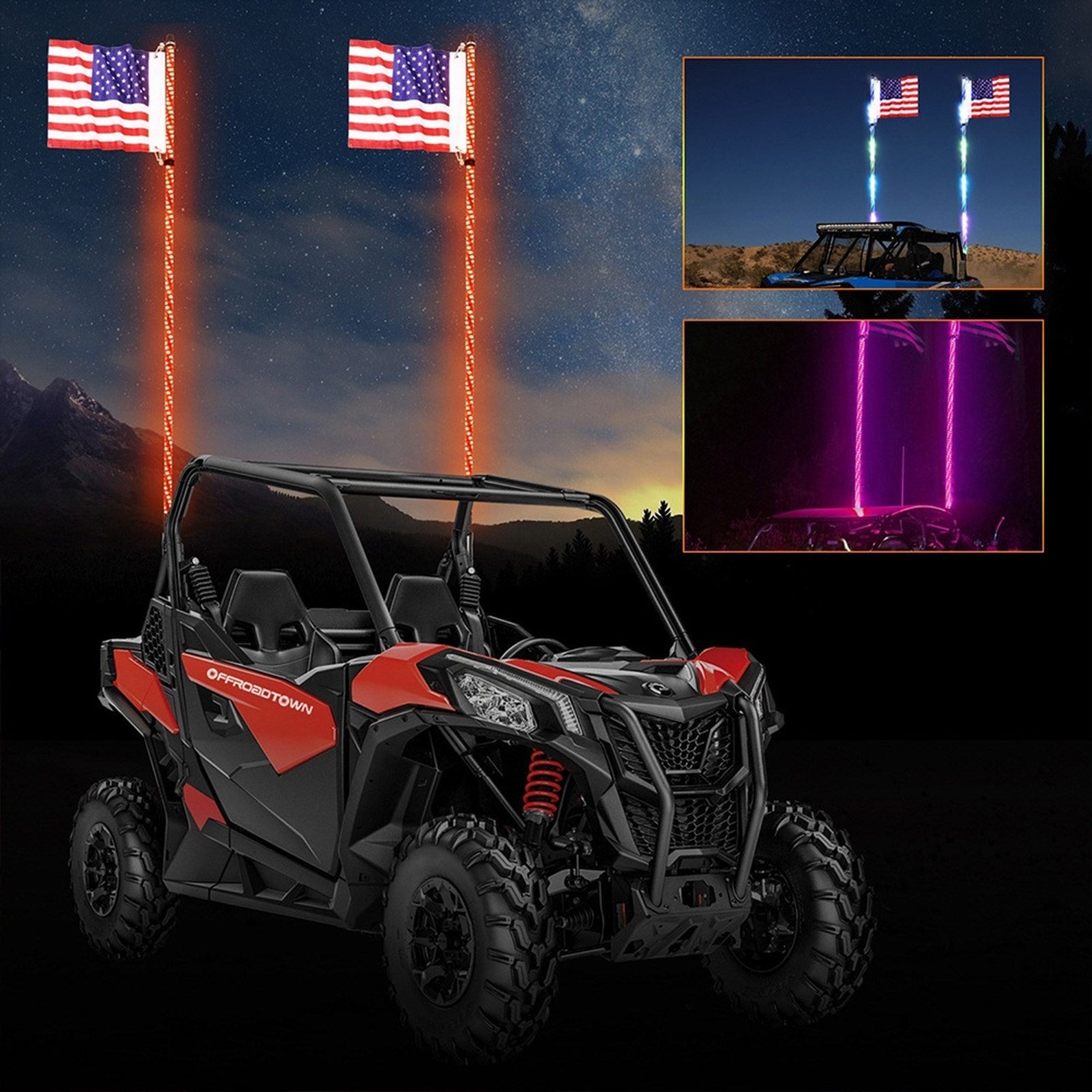 3ft RGB LED APP Whip Lights Antenna W/ Flag Remote Control For Polaris UTV ATV