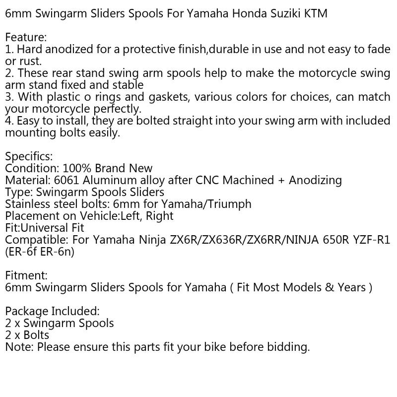 6mm Swingarm Sliders Spools For Yamaha Honda Suzuki KTM Generic
