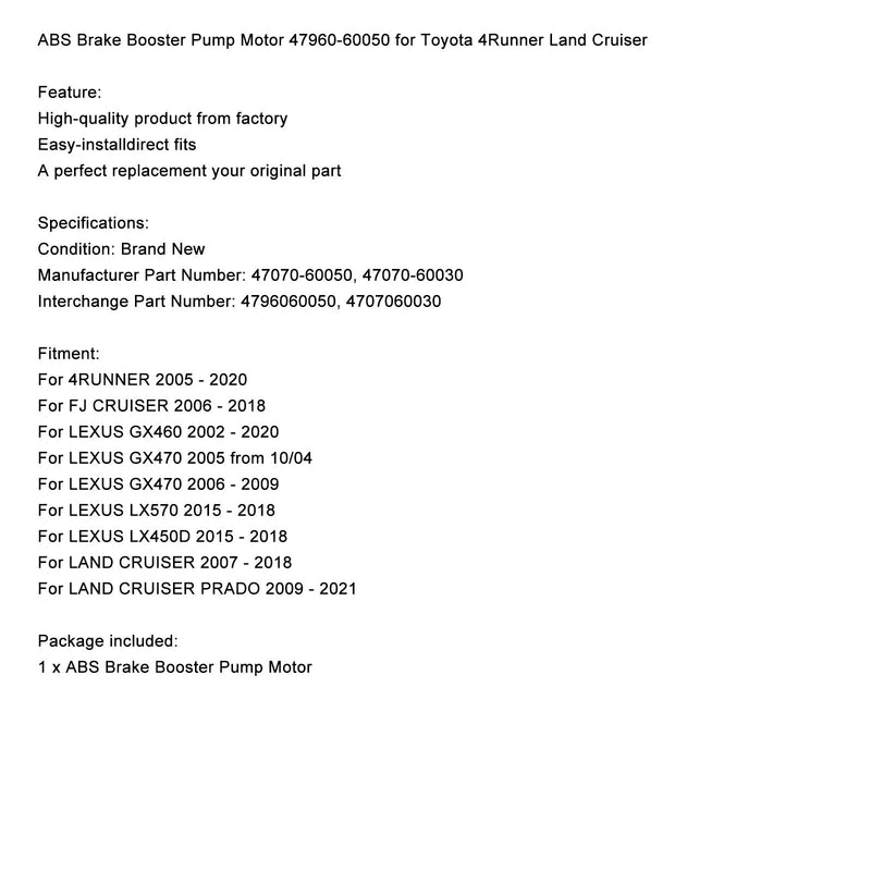 2002 - 2020 LEXUS GX460 ABS Brake Booster Pump Motor 47960-60050 47070-60030 Fedex Express