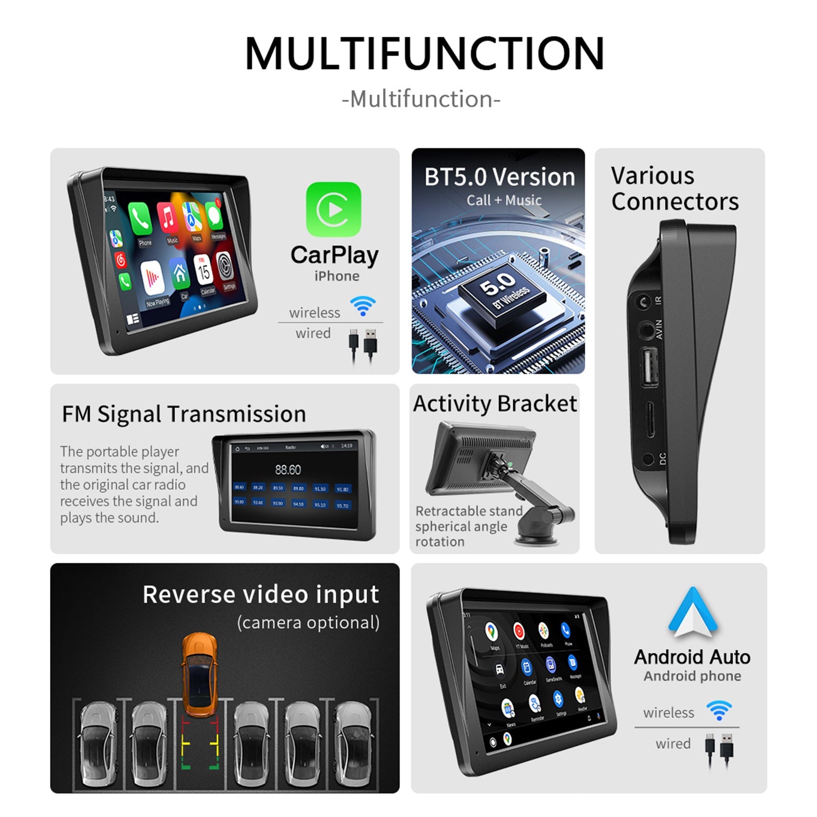 7" Wireless Carplay Car MP5 Player Multimedia Bluetooth Sunshade Remote Control