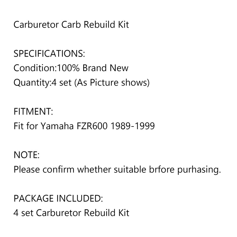 Carburetor Rebuild Repair Kit 4 Sets For Yamaha FZR 600 FZR-600 Carb 1989-1999 Generic