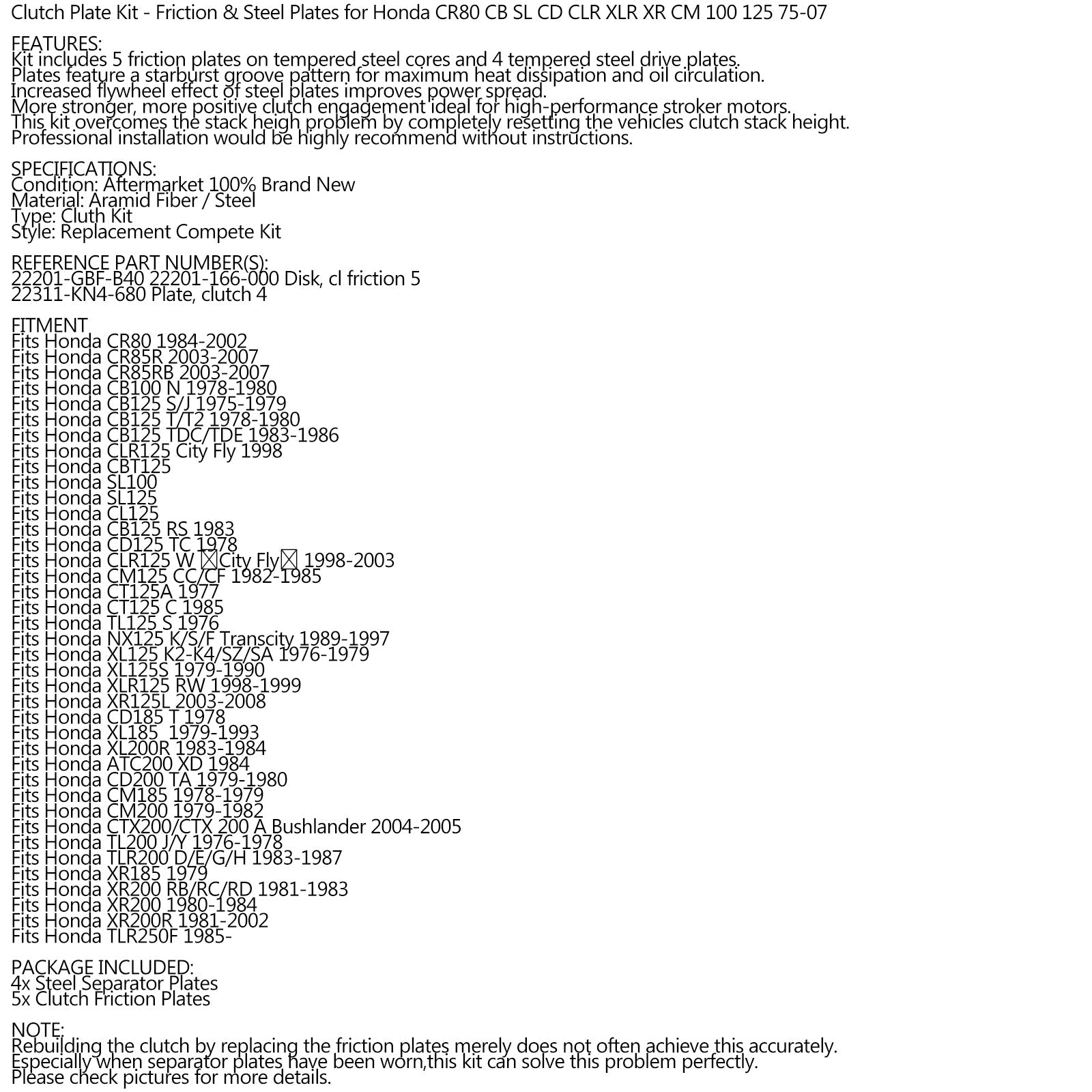 Clutch Kit Steel & Friction Plates for Honda CR80 CB SL CD CLR XLR XR CM 100 125 Generic