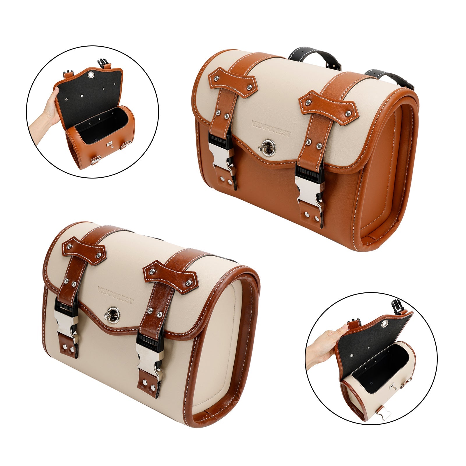 Saddlebag Side Storage Tool Bag Universal Color Matching Pu For Motorcycle Brown-White