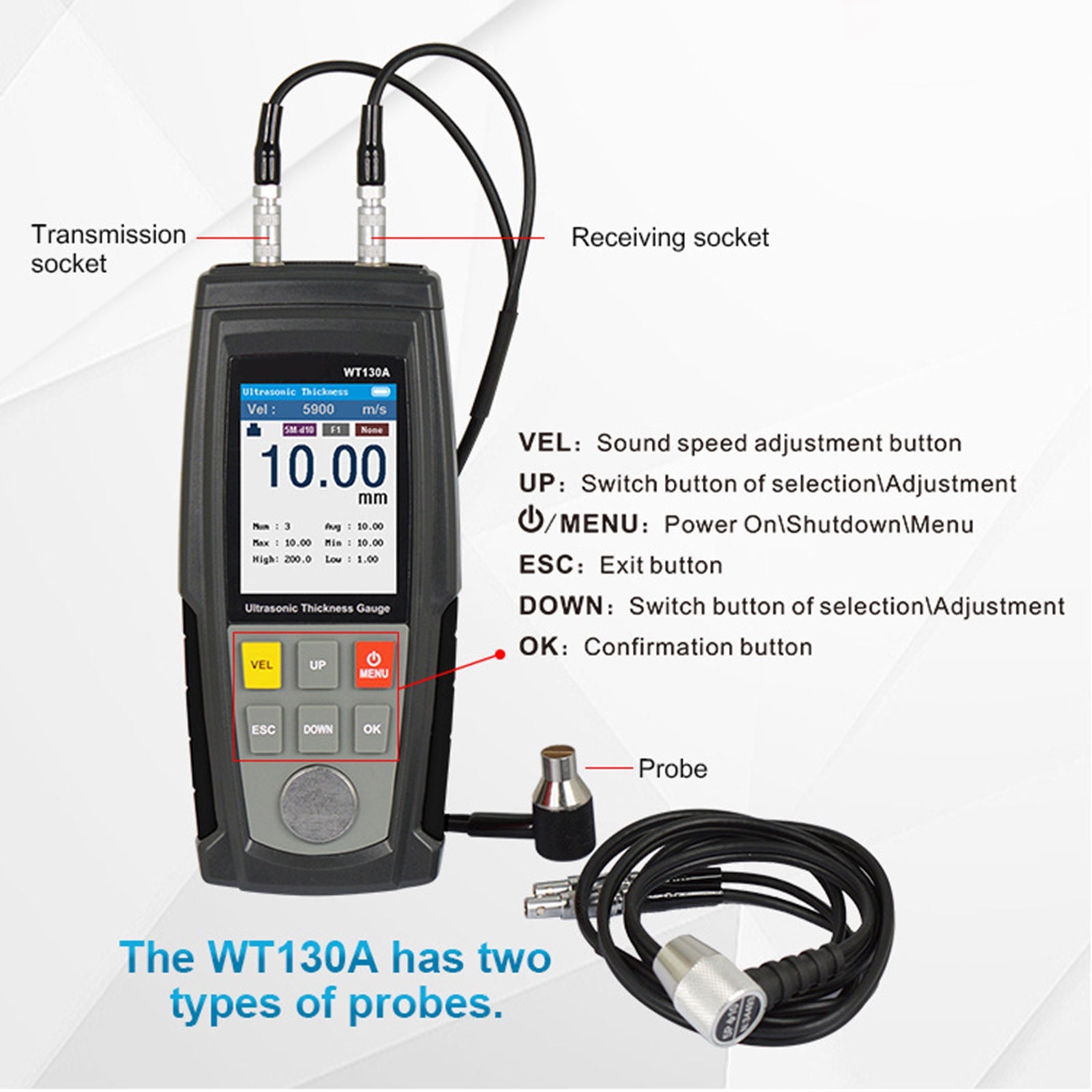 WT100A LCD Tester Tool Sensor inteligente Medidor de espesor ultrasónico Velocidad de sonido