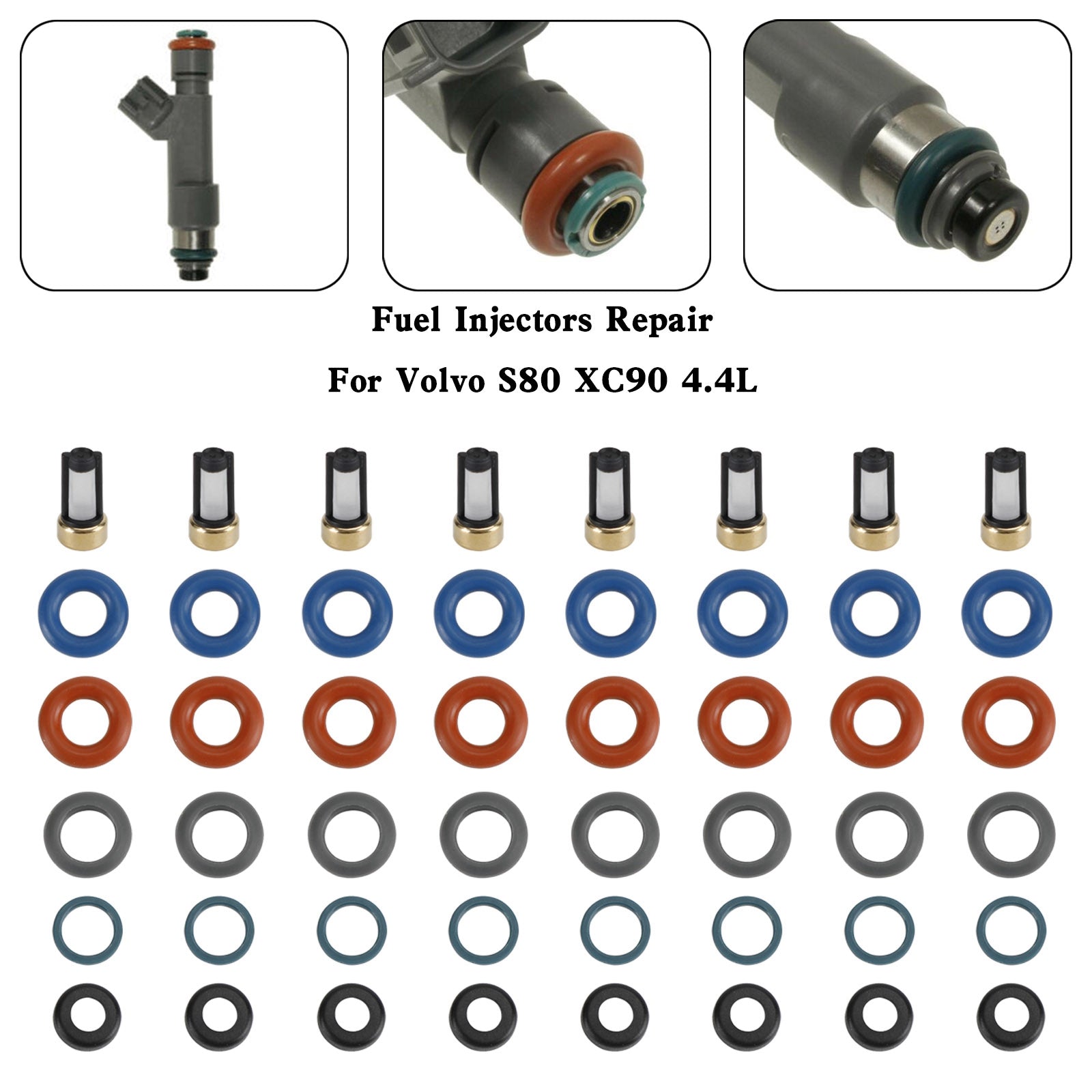 Volvo S80 XC90 4.4L 8PCS Fuel Injectors Repair Seal Kit Filter Cap FJ1073 85212247 1550589 86536080 024078918 55559397 1581552