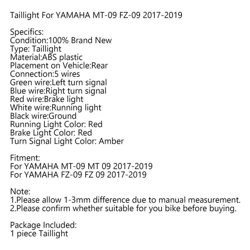 Luz trasera LED de intermitentes de freno trasero para YAMAHA MT-09 FZ-09 2017-2019 genérico