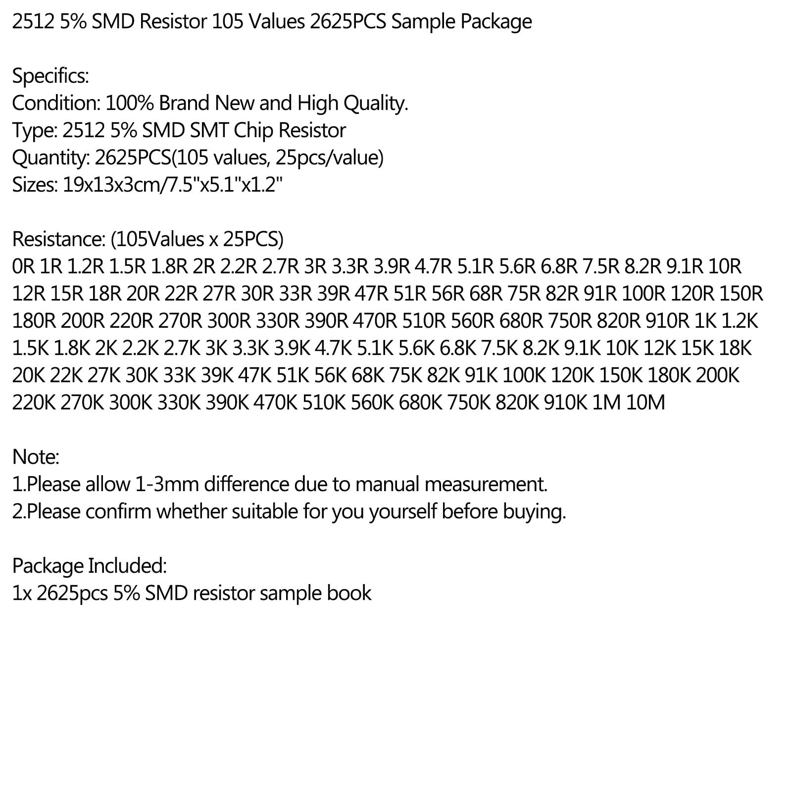 2625PCS 2512 5% SMD Chip SMT Resistor 105 Values Sample Book YAGEO DIY Kits