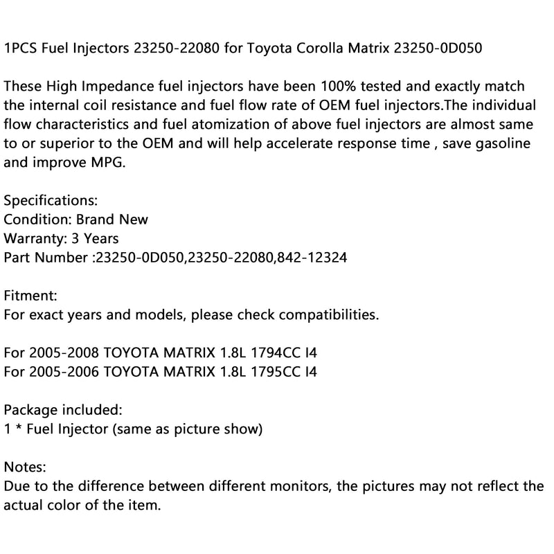 1 Uds inyectores de combustible 23250-22080 para Toyota Corolla Matrix 23250-0D050 genérico