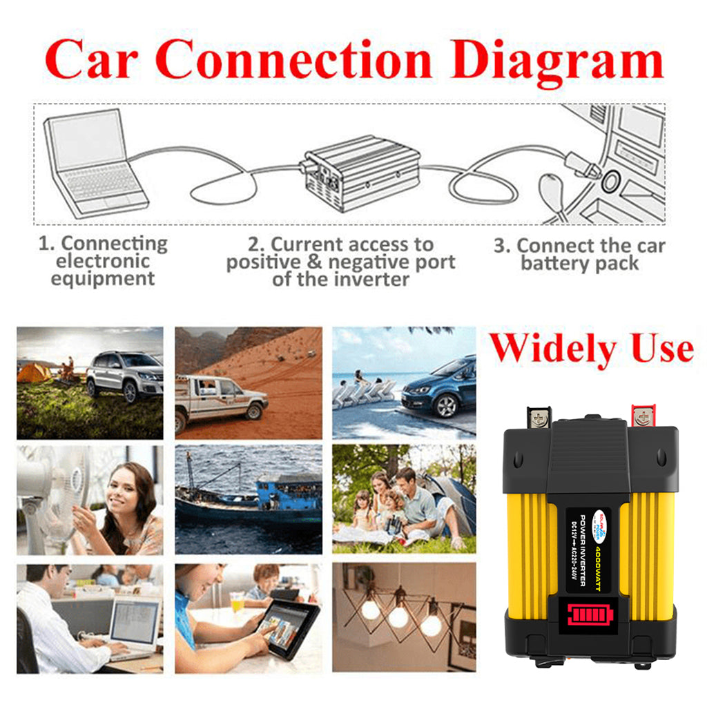 Inversor de onda sinusoidal de potencia de coche de 4000 W con pantalla LED DC 12 V a inversor de CA 220 V