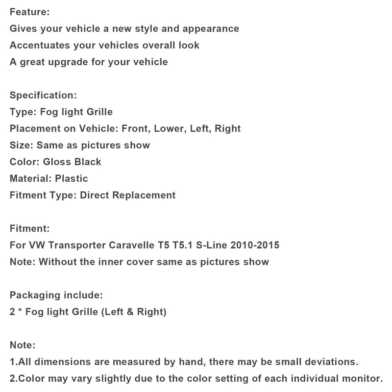 VW T5 T5.1 2010-2015 Cubierta de luz antiniebla negra brillante Insertar rejilla S-line