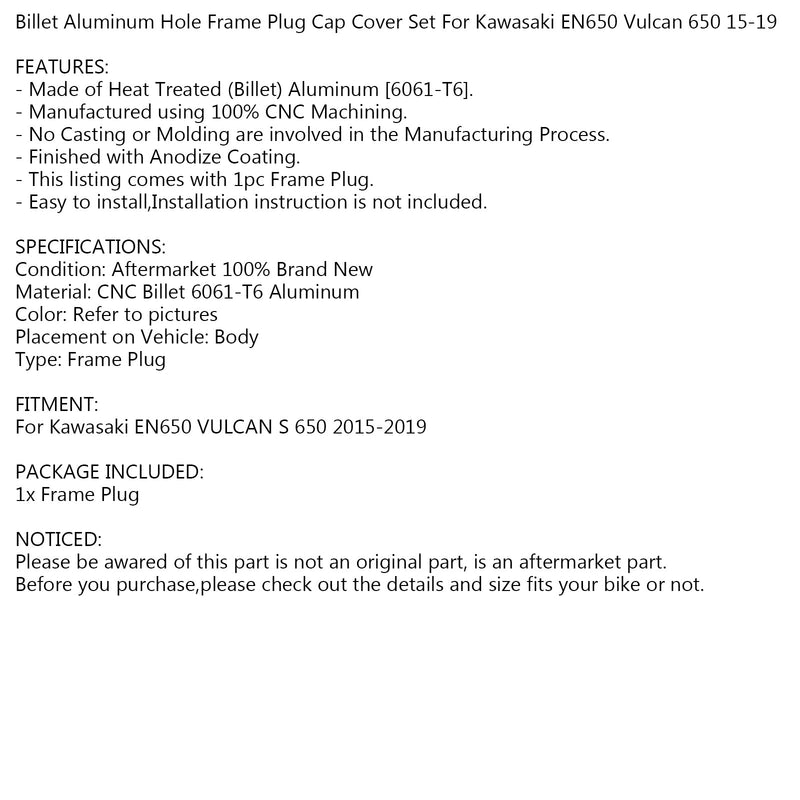 Tapa de enchufe de marco de agujero de aluminio Billet para Kawasaki EN650 VULCAN S 650 15-19 genérico