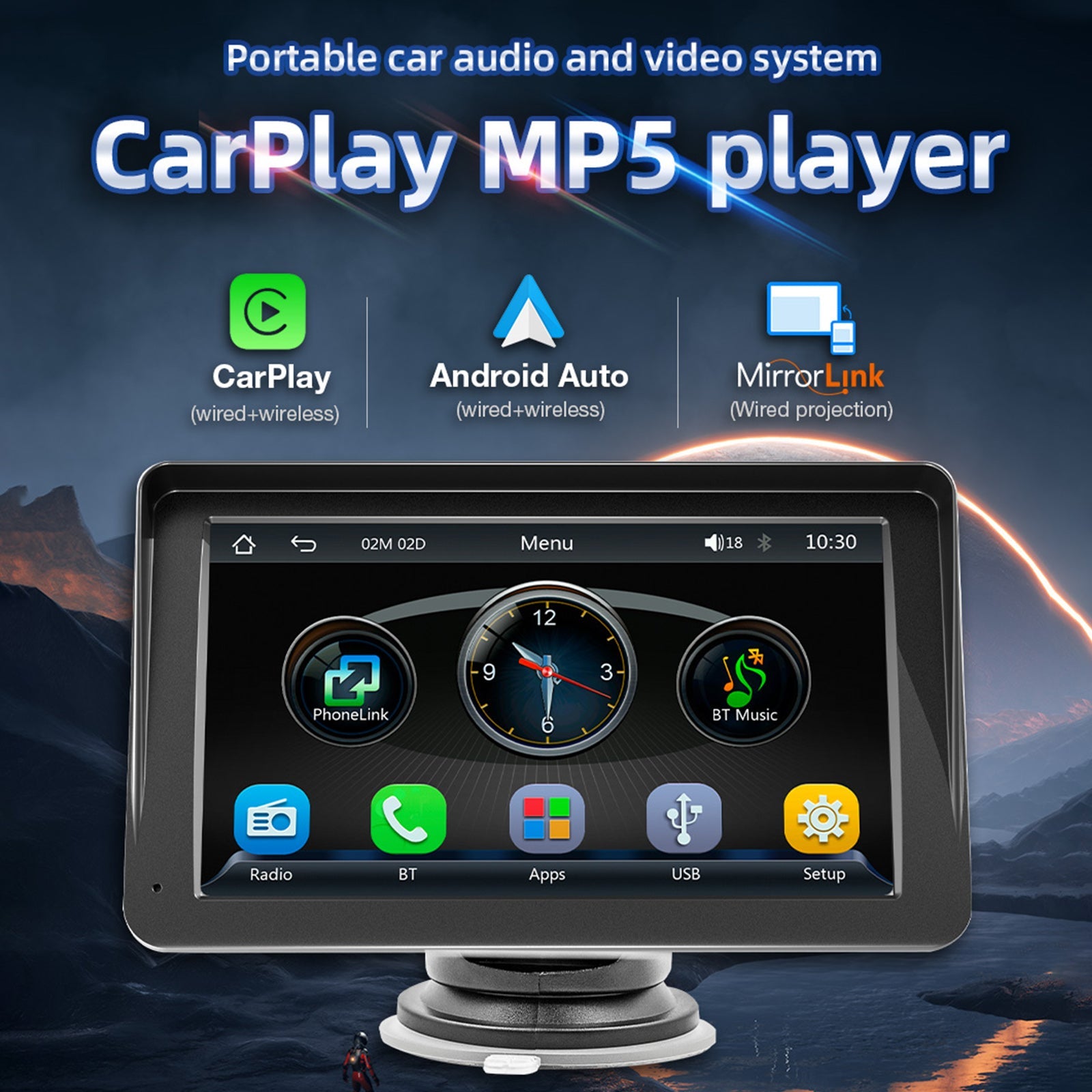 7" Carplay inalámbrico coche reproductor MP5 multimedia Bluetooth sombrilla control remoto