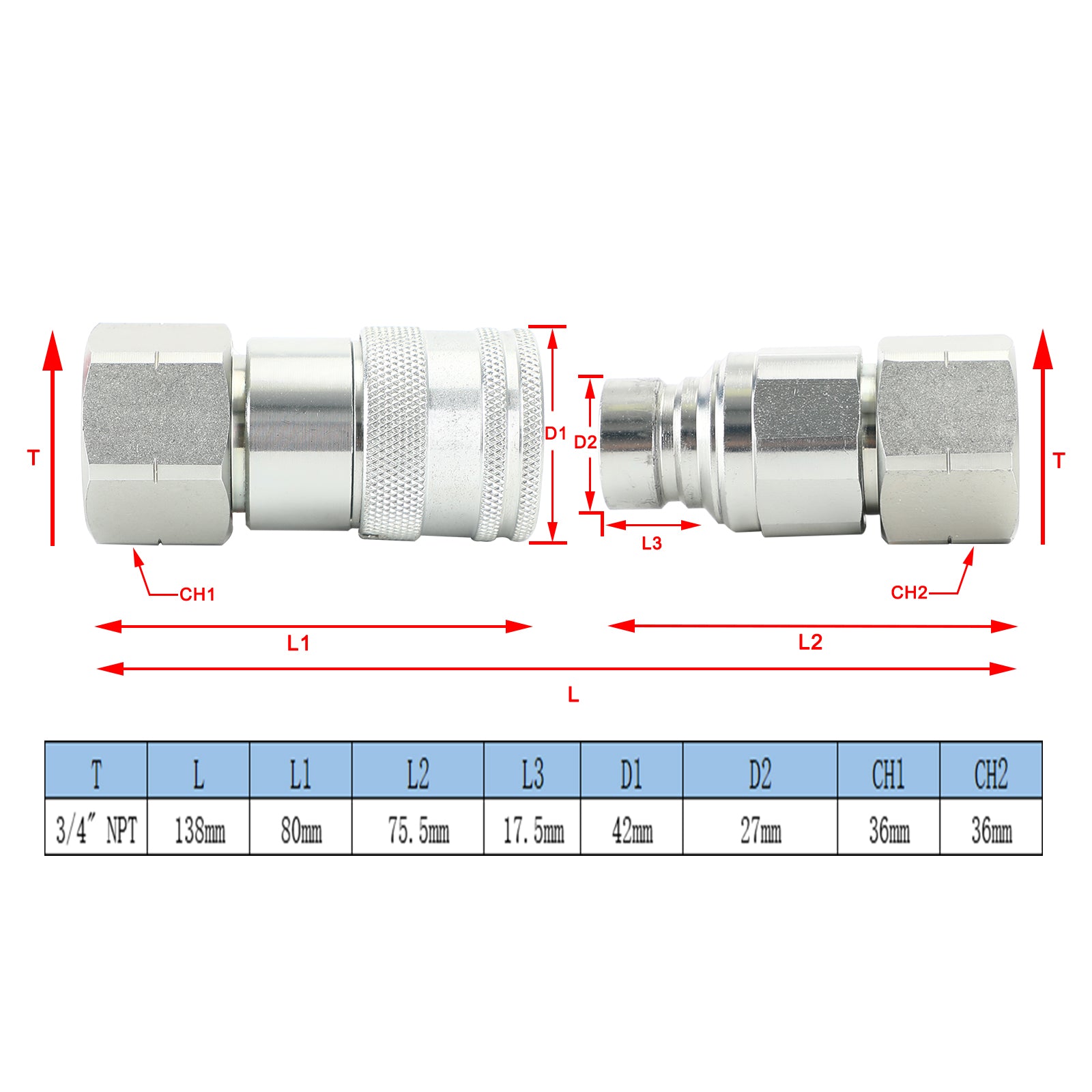 Par de acopladores rápidos hidráulicos de cara plana de 3/4" NPT para Bobcat ISO 16028