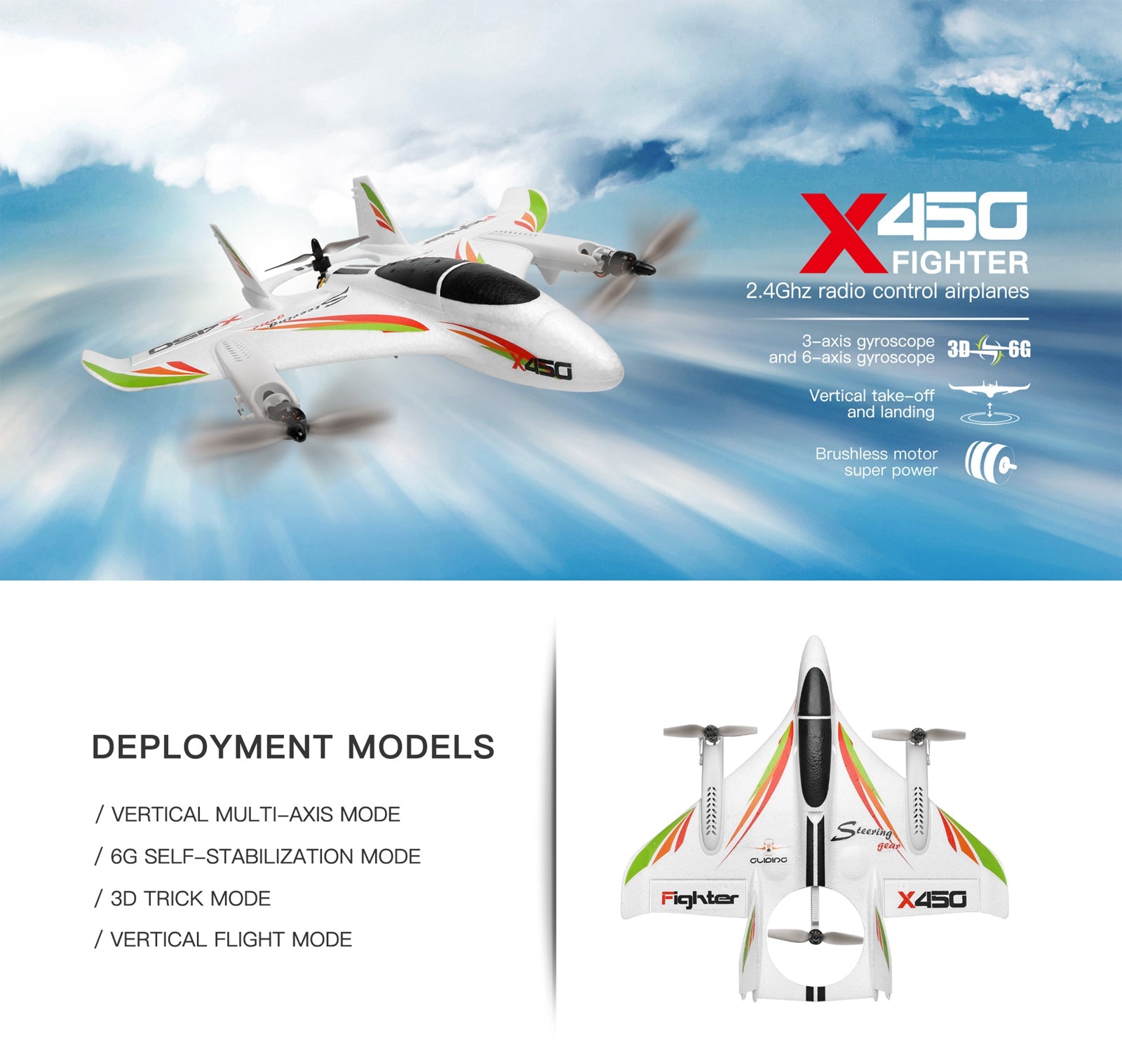 WLtoys XK X450 RC Avión Sin Escobillas 2.4G 6CH 3D/6G LED Ala Fija RTF