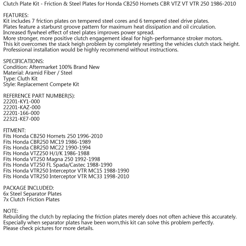 Clutch Kit Steel & Friction Plates for Honda CB Hornets CBR VTZ VT VTR 250 86-10 Generic