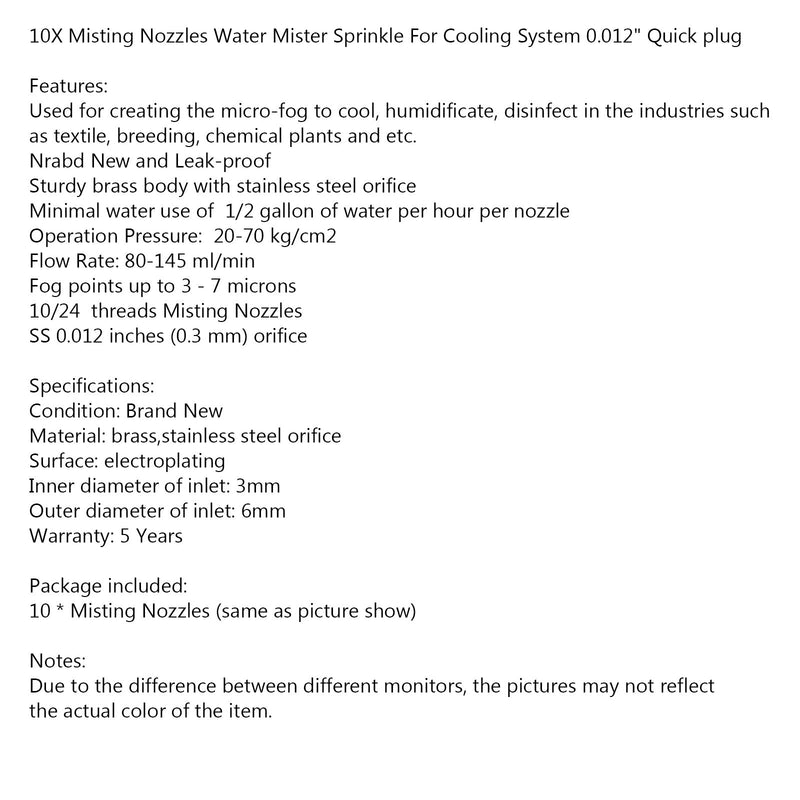 Boquillas de nebulización 10X Water Mister Sprinkle para sistema de enfriamiento Enchufe rápido de 0.012 "
