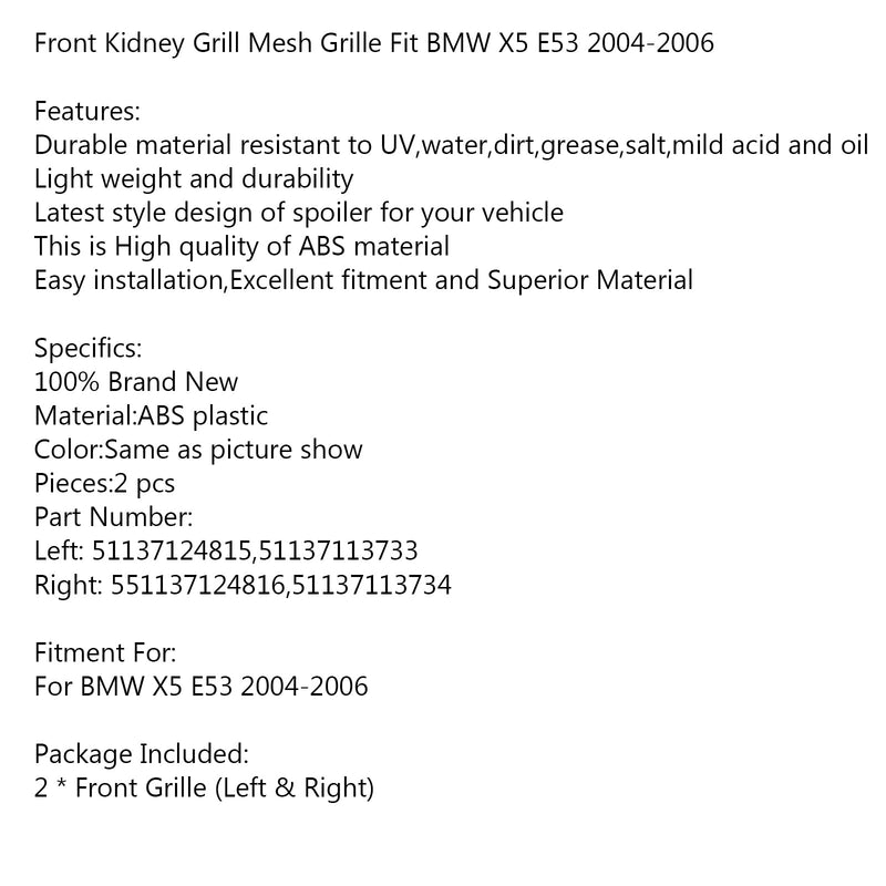 Front Kidney Grill Grille Fit BMW X5 E53 2004-2006 X Series Matte Black M-color Generic