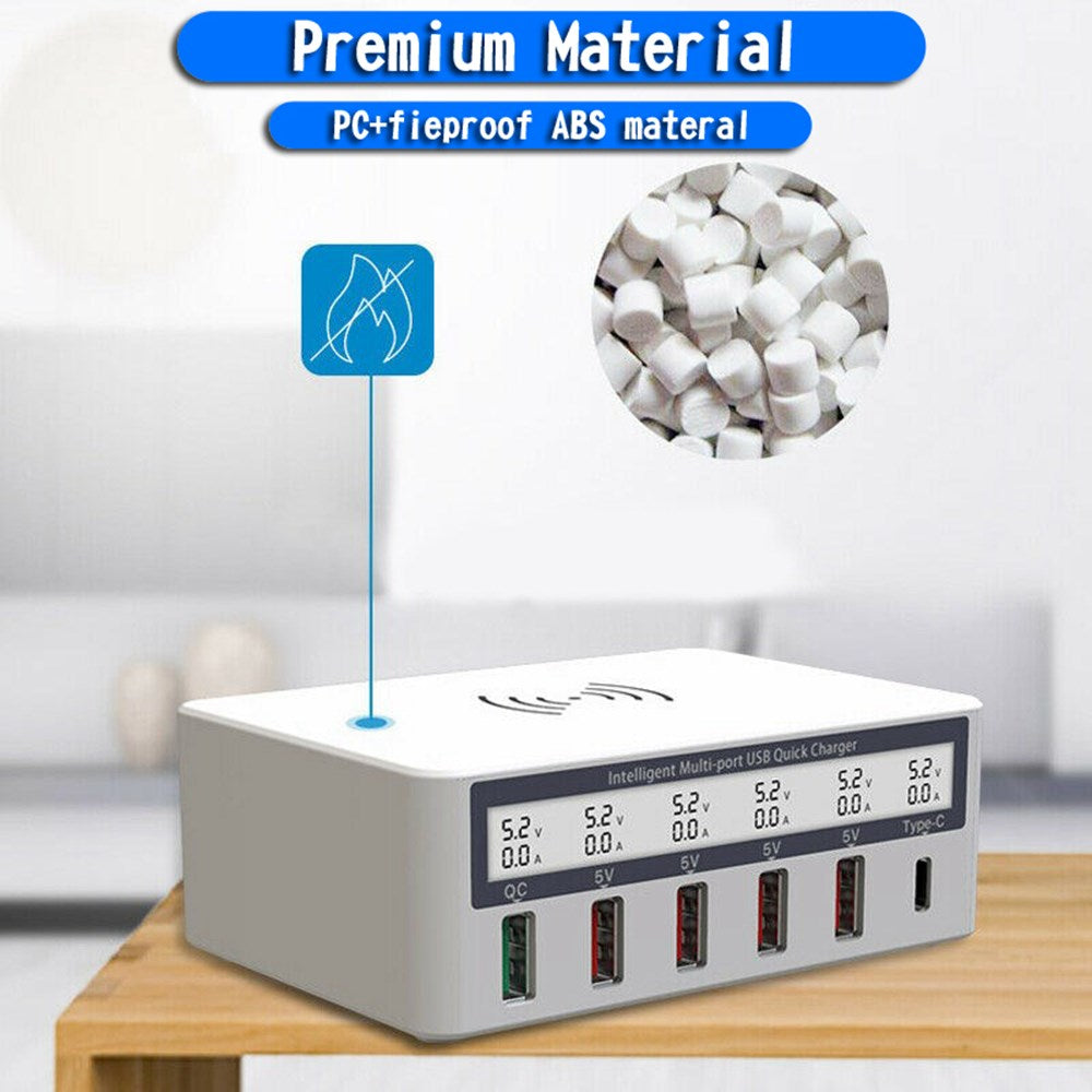 Multiport Quick USB Charger Station With Wireless Charging Pad LCD Display EU