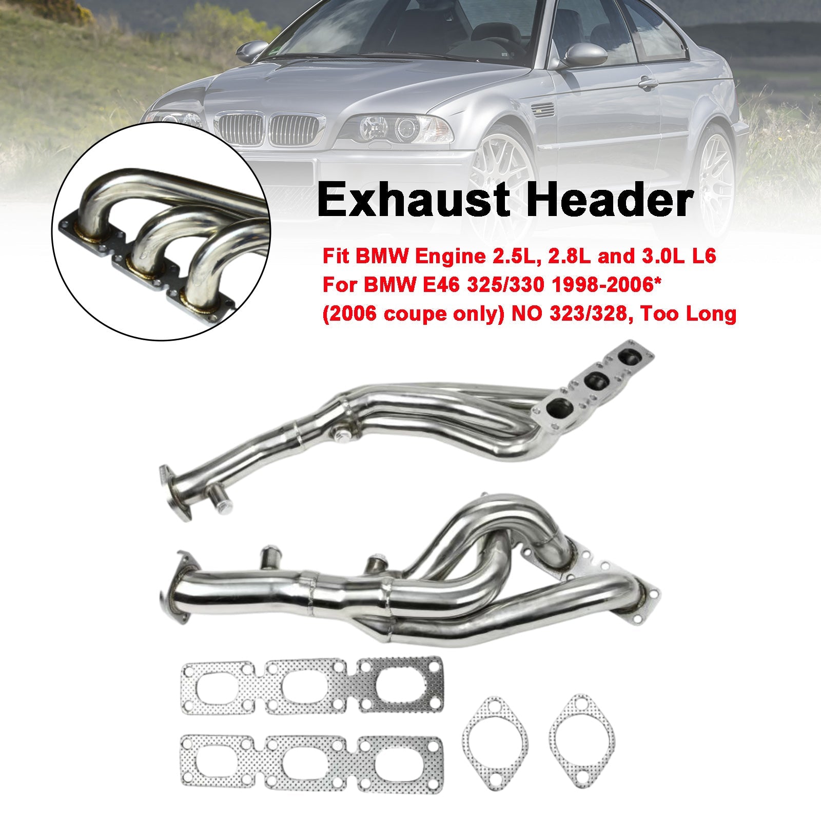 Exhaust Header Manifold fit BMW E46 E39 Z4 2.5L 2.8L 3.0L L6 2001-2006