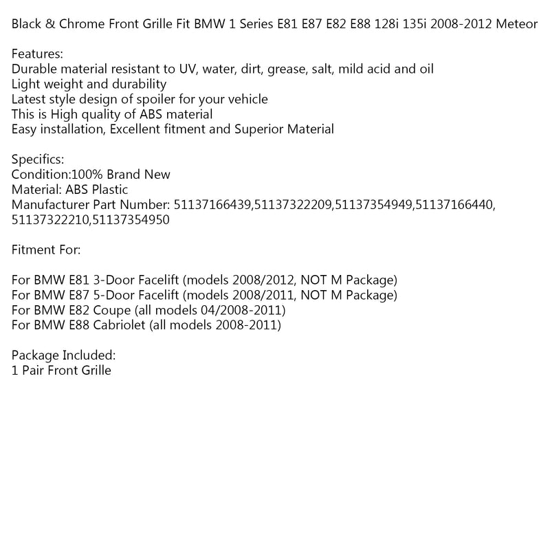 Front Grille Fit BMW 1 Series E81 E87 E82 E88 128i 135i 2008-2012 Black & Chrome Generic