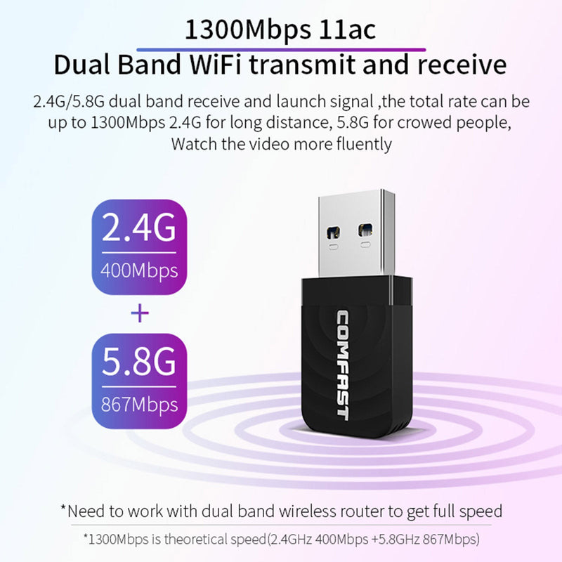 2.4G/5G 1300Mbps إشارة الداعم واي فاي المدى موسع شبكة USB واي فاي محول