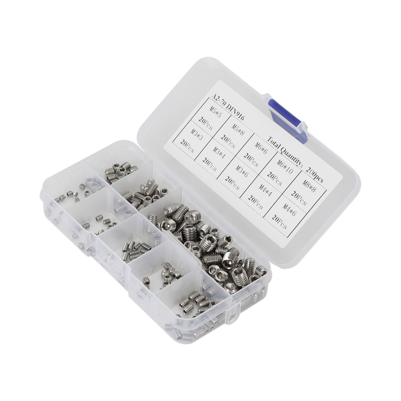 200Pcs Stainles Steel M3-M8 Hex Socket Set Screw Grub Screws Assortment Kit