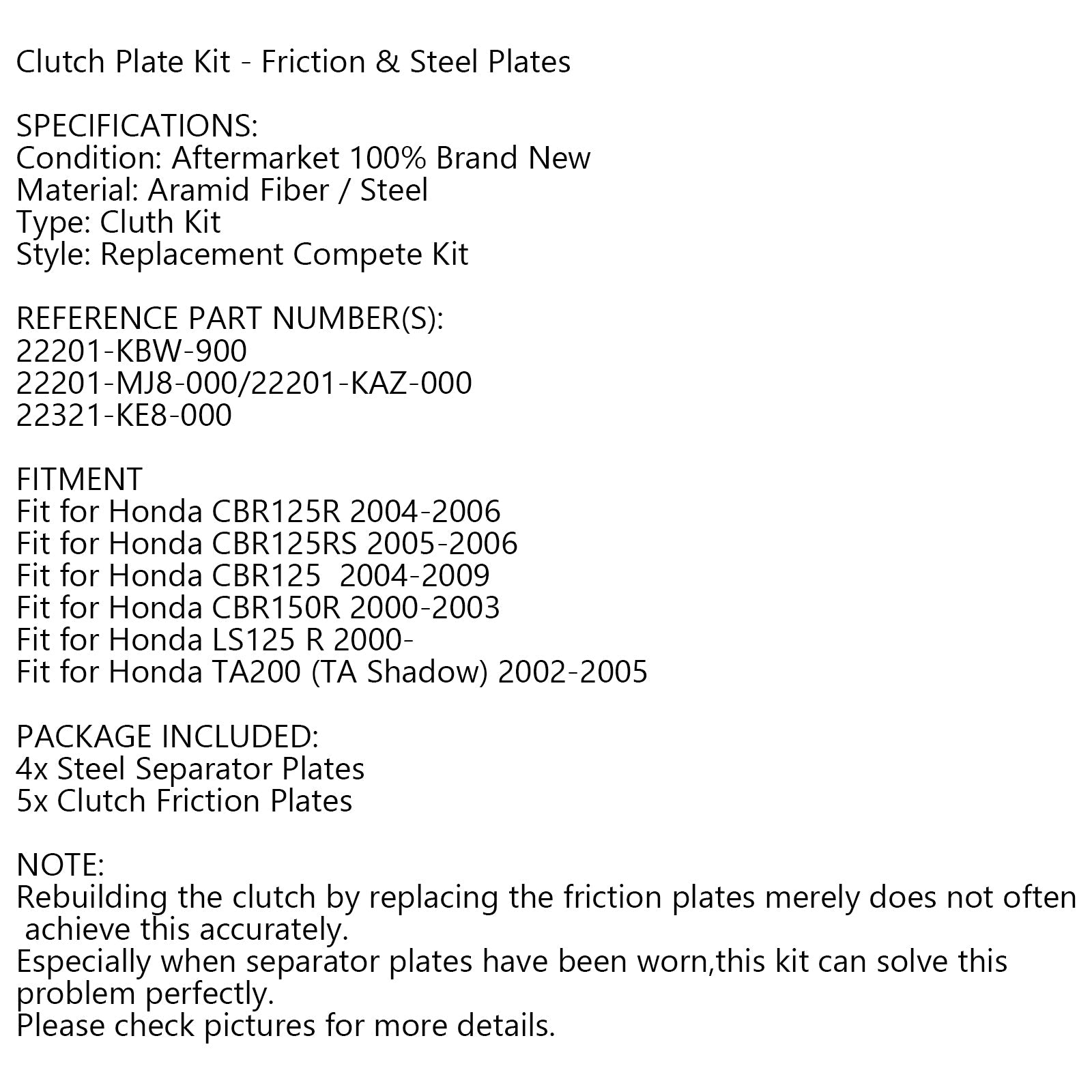 Clutch Kit Steel & Friction Plates fit for Honda CBR125R CBR125 CBR150R TA200 Generic