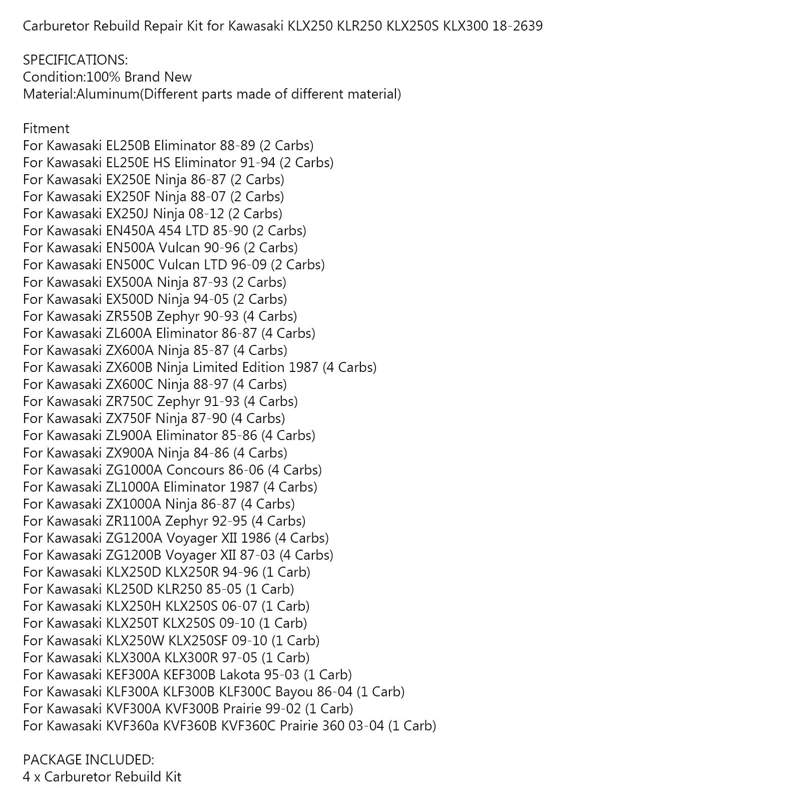 4x المكربن ​​كارب إعادة بناء عدة لكاواساكي ZX900 ZX750 ZX600 ZG1000 ZG1200 الدراجة العامة