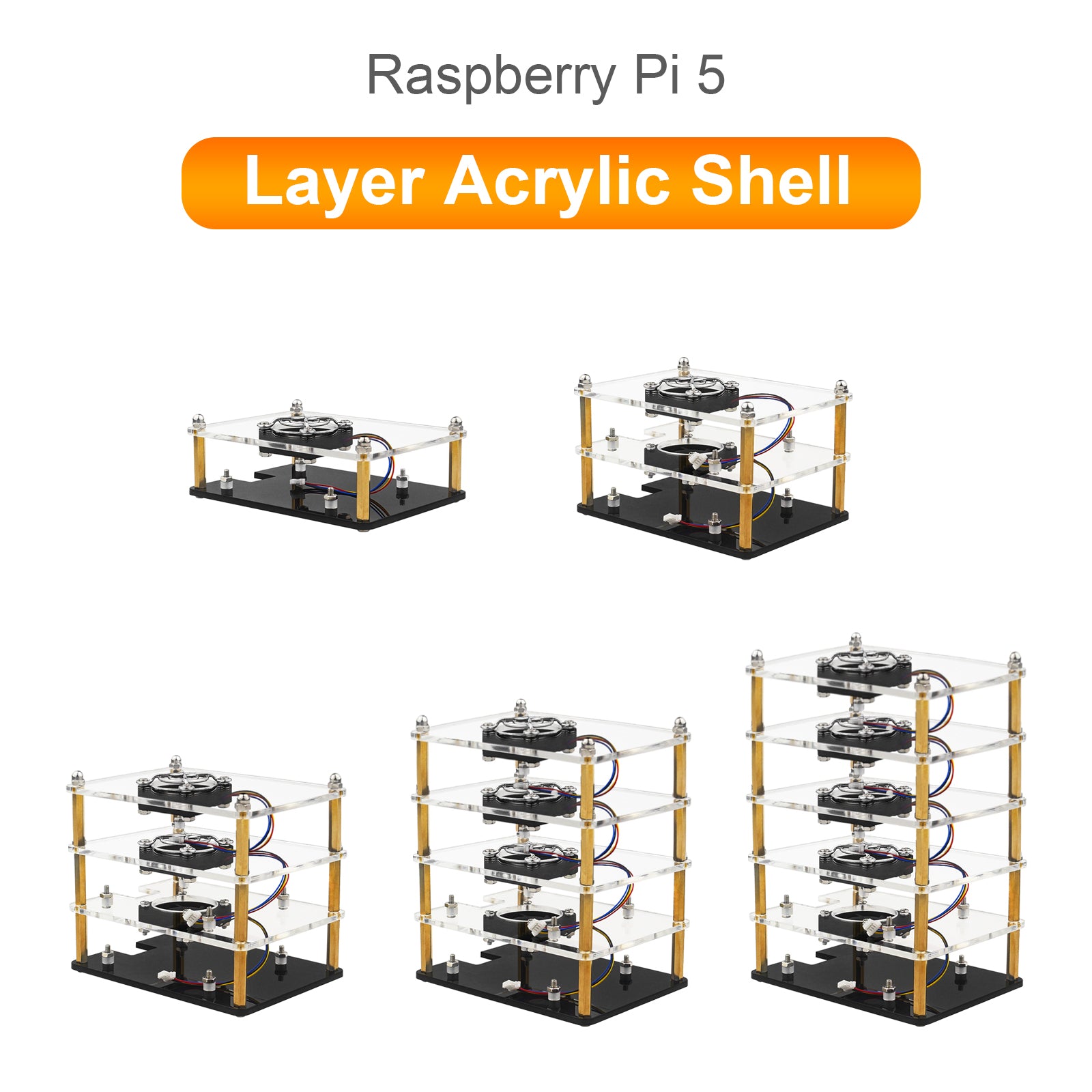 Raspberry Pi 5 Multi-Layer Acrylic Shell Transparent Protective Case Cooling Fan