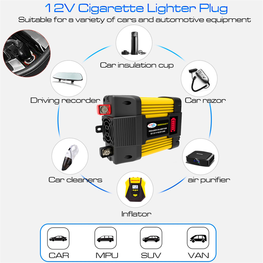 Inversor de onda sinusoidal de potencia de coche de 4000 W con pantalla LED DC 12 V a inversor de CA 220 V