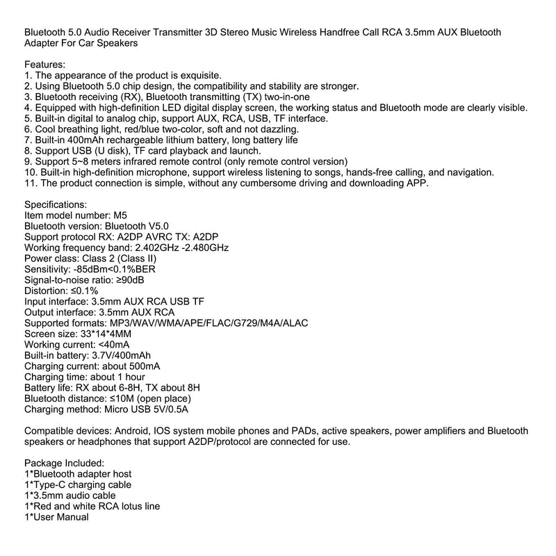 Bluetooth 5.0 Receptor de audio Transmisor Adaptador de manos libres estéreo 3D para automóvil