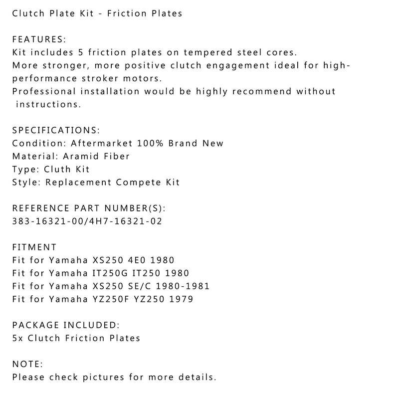 Clutch Friction Plate Kit Set fit for Yamaha XS250 SE/C YZ250 IT250 Generic