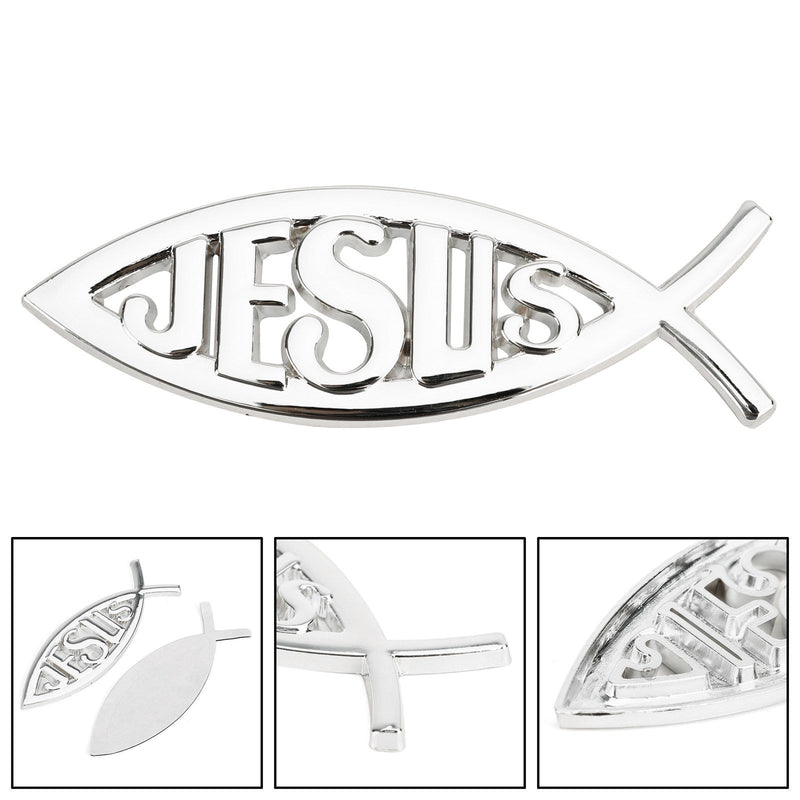 ملصق سيارة ثلاثي الأبعاد شعار ديني لإله يسوع رمز السمكة المسيحية فضي