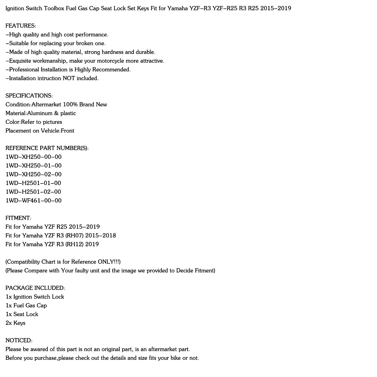 Ignition Switch Fuel Gas Cap Seat Lock Set for Yamaha YZF R3 R25 2015-2019