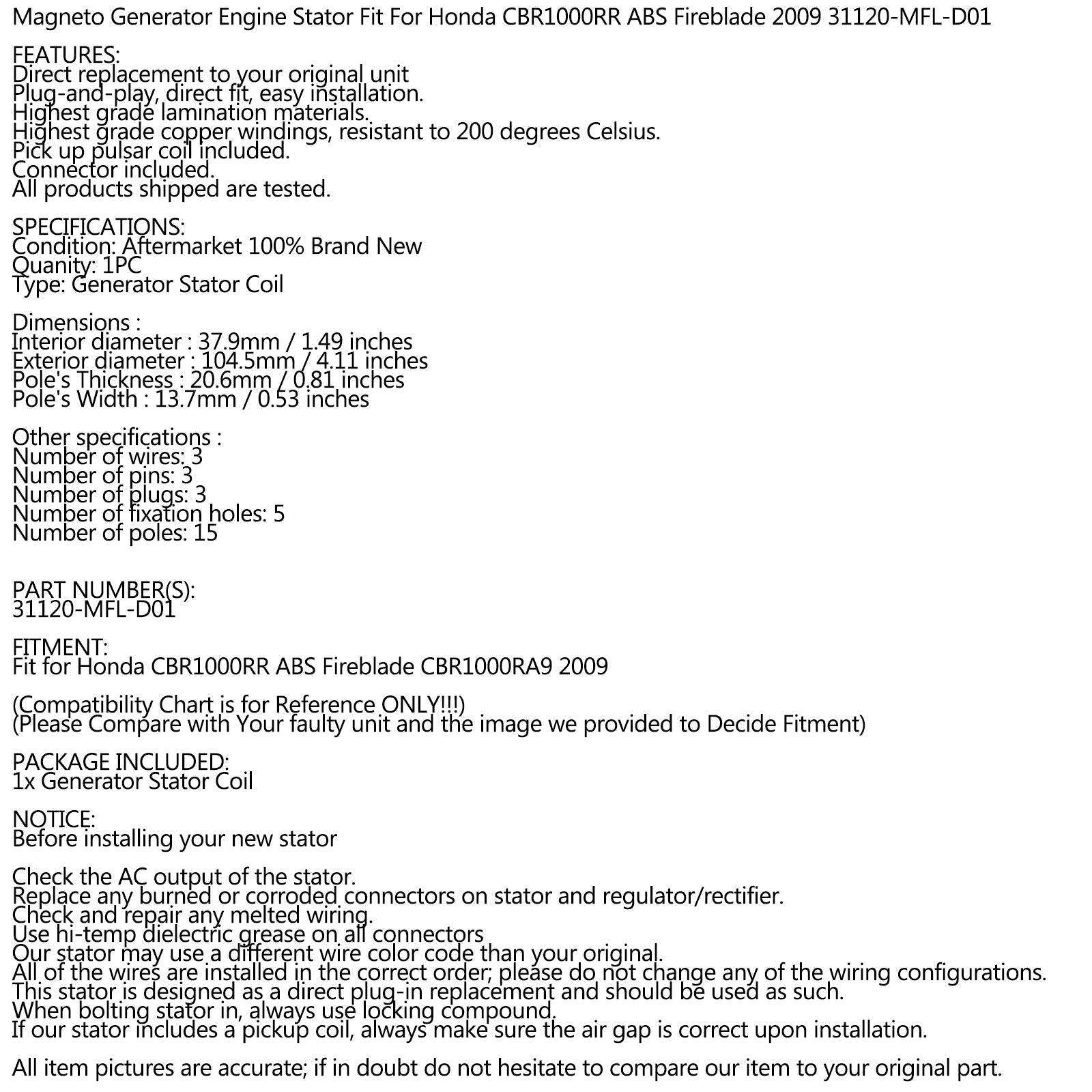 Stator Magneto Fit for Honda CBR 1000 RR ABS 2009 CBR1000RR Repl.31120-MFL-D01 Generic